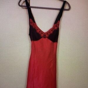 Red Lace-Trim Slip Dress with Black Accents